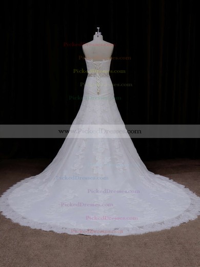 Strapless Ivory Lace-up Tulle Appliques Lace Chapel Train Wedding Dress #PDS00021667