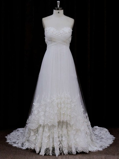 Popular Sweetheart Ivory Tulle Appliques Lace Empire Wedding Dress #PDS00021678