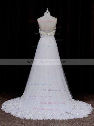 Popular Sweetheart Ivory Tulle Appliques Lace Empire Wedding Dress #PDS00021678