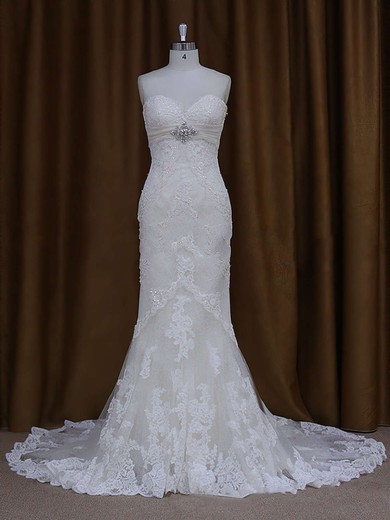 Sweetheart Ivory Lace Beading Lace-up Chapel Train Wedding Dresses #PDS00021687