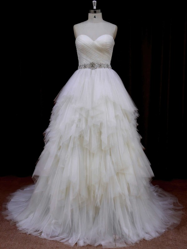 Sweetheart Ivory Modest Tulle Tiered Princess Wedding Dresses #PDS00021691
