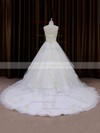 Inexpensive Chapel Train Ivory Organza Appliques Lace Sweetheart Wedding Dresses #PDS00021696