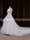 Inexpensive Chapel Train Ivory Organza Appliques Lace Sweetheart Wedding Dresses #PDS00021696