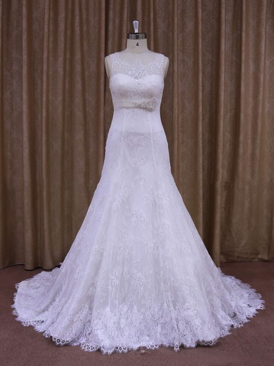 White Court Train Lace Sashes / Ribbons Elegant Scoop Neck Wedding Dresses #PDS00021697