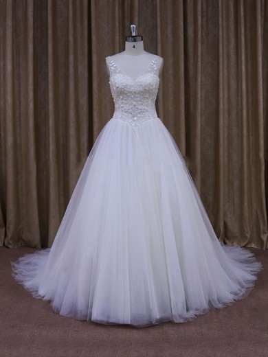 Discount V-neck Ball Gown Crystal Detailing White Tulle Wedding Dresses #PDS00021699