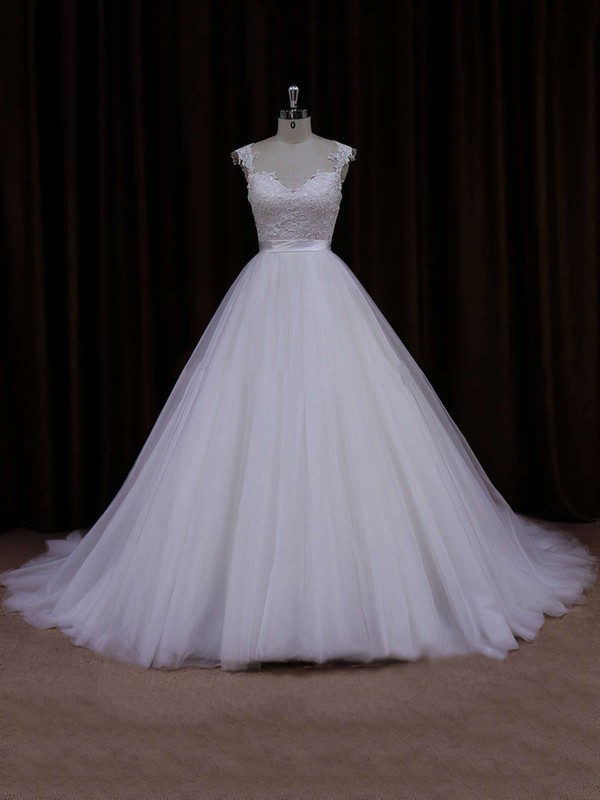 Ball Gown Ivory Tulle Appliques Lace Open Back Cathedral Train Wedding Dresses #PDS00021704