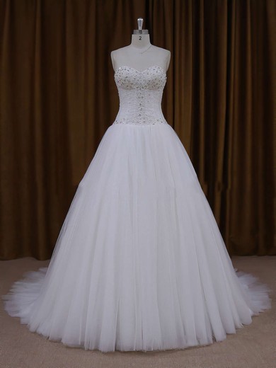 Sweetheart Ivory Tulle Beading Lace-up Princess Wedding Dresses #PDS00021705