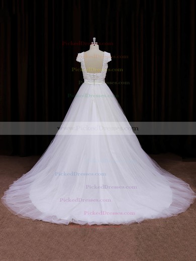 Scoop Neck Ivory Tulle Appliques Lace Cap Straps Princess Wedding Dresses #PDS00021745