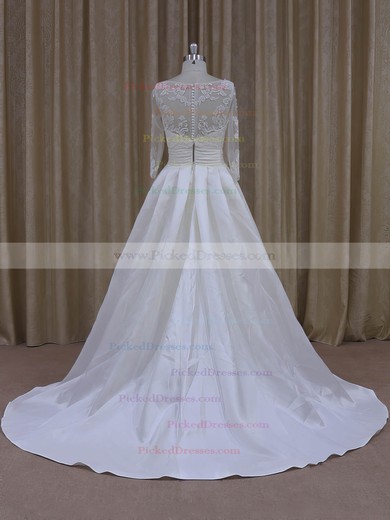 Princess Ivory Long Sleeve Tulle Taffeta with Appliques Lace Scoop Neck Prom Dress #PDS00021781