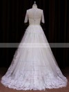 Ivory Short Sleeve Court Train Lace Sequins Scoop Neck Wedding Dress #PDS00021782