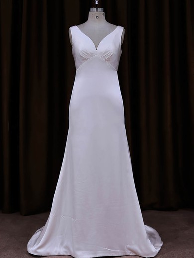 V-neck White Tulle Silk-like Satin Sequins Sheath/Column Wedding Dress #PDS00021787
