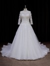 Chapel Train Ivory Tulle Appliques Lace 3/4 Sleeve Scoop Neck Wedding Dress #PDS00021788