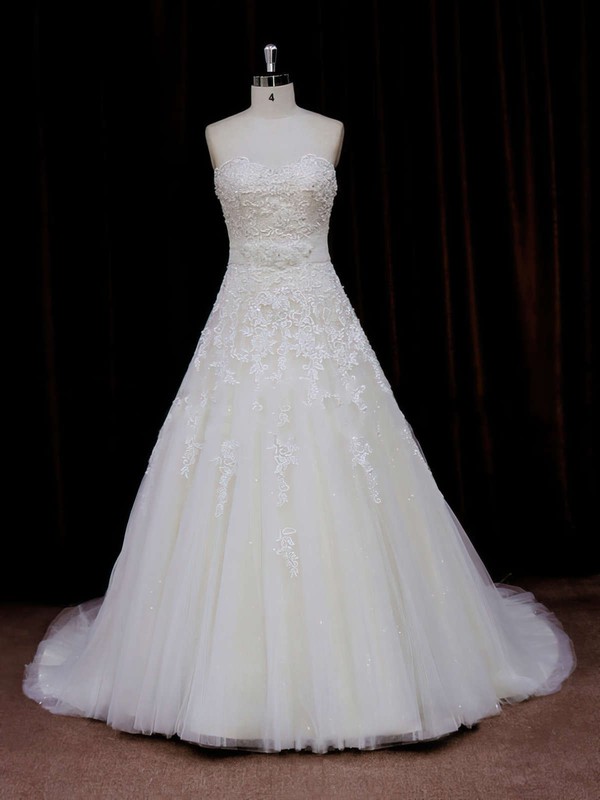 Beautiful Princess Sweetheart Sashes / Ribbons Ivory Tulle Wedding Dress #PDS00021797