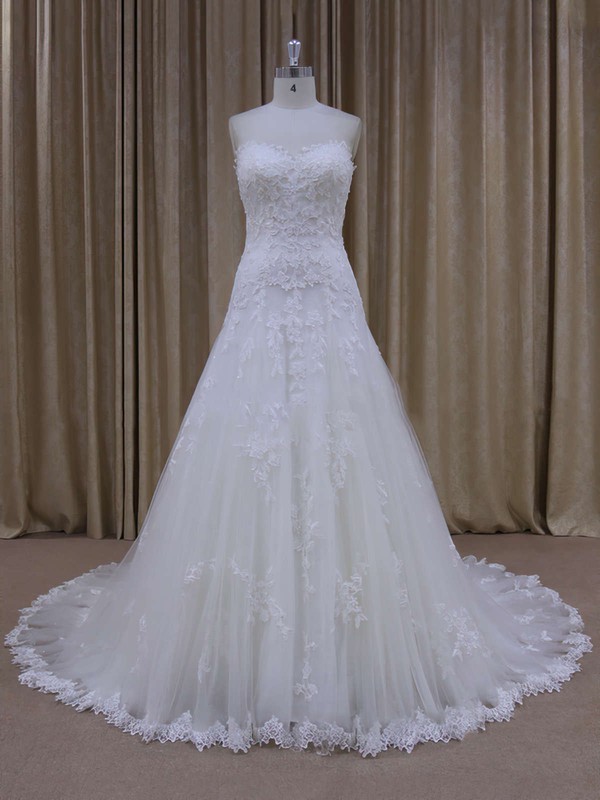 Unique Sweetheart Ivory Tulle Appliques Lace Court Train Wedding Dress #PDS00021803