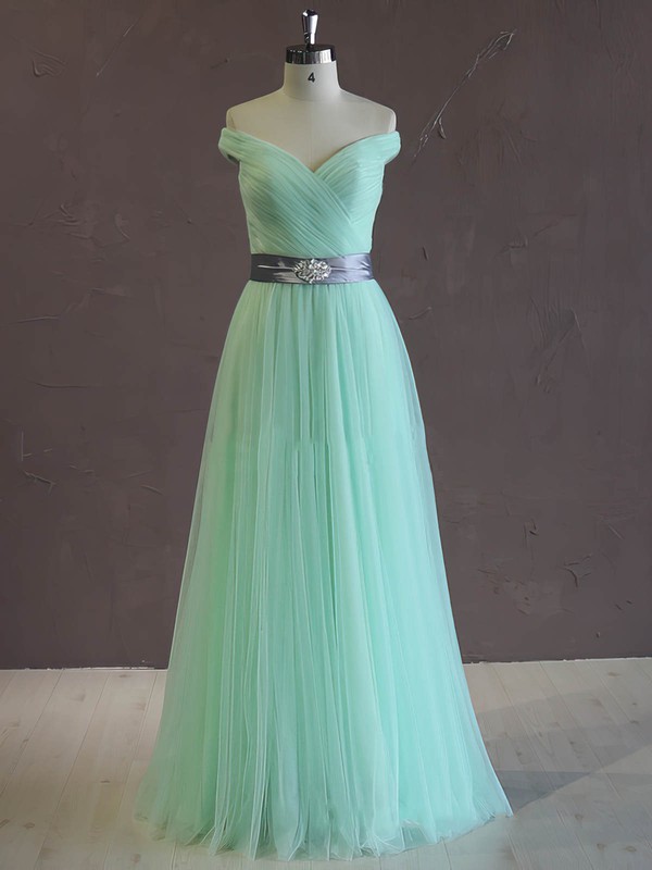 Unique A-line Green Tulle Sashes/Ribbons Off-the-shoulder Wedding Dress #PDS00021806