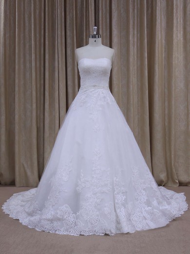 Discount Chapel Train White Tulle Appliques Lace Strapless Wedding Dress #PDS00021808