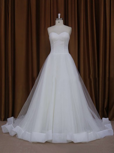 Ball Gown Ivory Tulle Appliques Lace Chapel Train Wedding Dress #PDS00021813