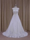 White Scoop Neck Tulle Appliques Lace Affordable Chapel Train Wedding Dress #PDS00021814