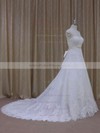 White Scoop Neck Tulle Appliques Lace Affordable Chapel Train Wedding Dress #PDS00021814