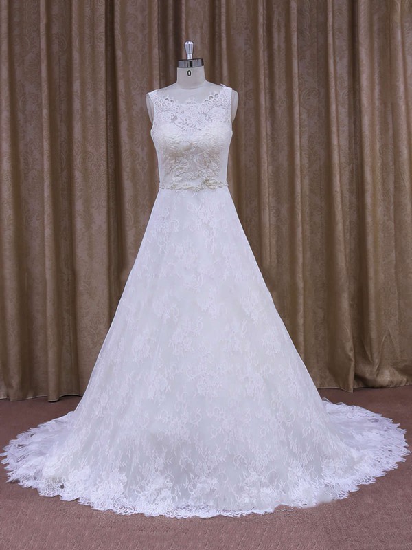 Best Scoop Neck Appliques Lace Court Train White Lace Wedding Dress #PDS00021828