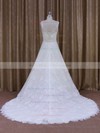 Best Scoop Neck Appliques Lace Court Train White Lace Wedding Dress #PDS00021828