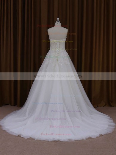 Sweetheart Appliques Lace Ivory Tulle Court Train Fashion Wedding Dresses #PDS00021829