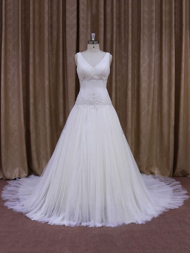 Ivory Tulle Chapel Train Appliques Lace V-neck Discount Wedding Dress #PDS00021831