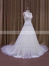 Ivory Tulle Chapel Train Appliques Lace V-neck Discount Wedding Dress #PDS00021831