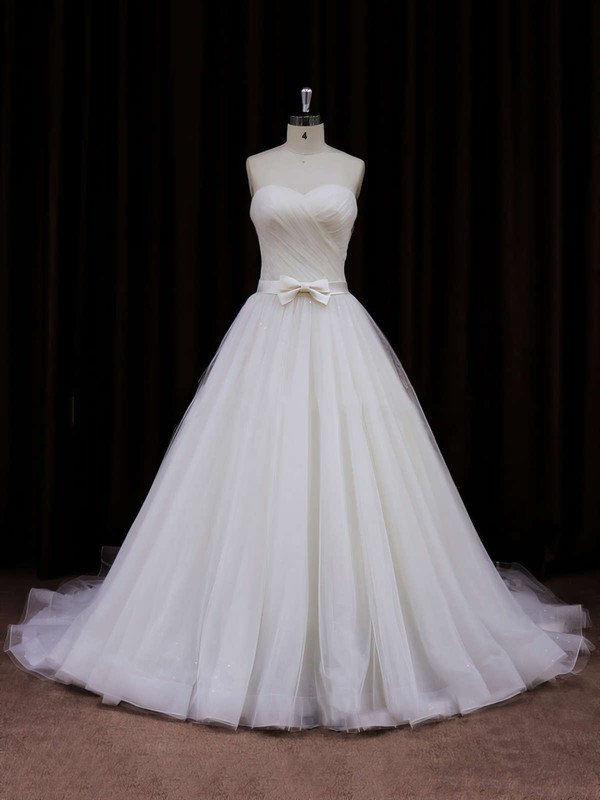 Modest Sweetheart Tulle with Sashes/Ribbons Chapel Train Ivory Wedding Dresses #PDS00021840