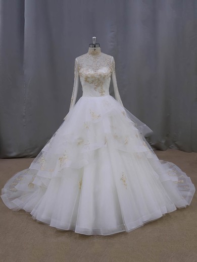 Ball Gown Tulle Appliques Lace Fashion High Neck Long Sleeve Wedding Dresses #PDS00021852