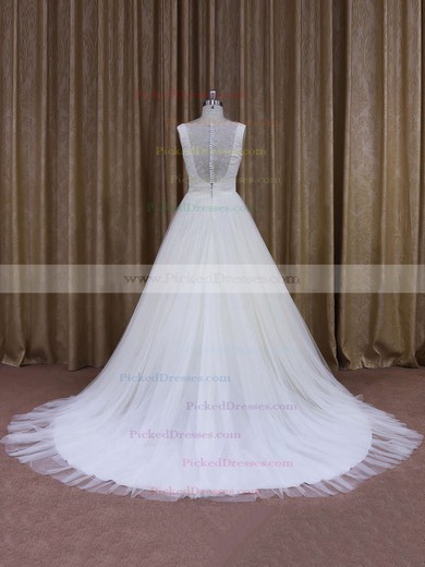 Affordable Court Train Tulle with Flower(s) Ivory V-neck Wedding Dresses #PDS00021868