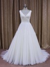 Affordable Court Train Tulle with Flower(s) Ivory V-neck Wedding Dresses #PDS00021868