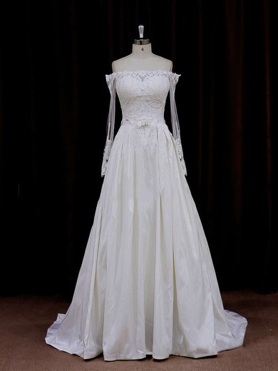 Long Sleeve Off-the-shoulder Simple Taffeta Appliques Lace Ivory Wedding Dresses #PDS00021883