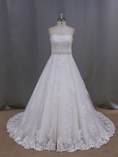 Ivory Court Train Tulle Appliques Lace Wholesale Sweetheart Wedding Dresses #PDS00021886