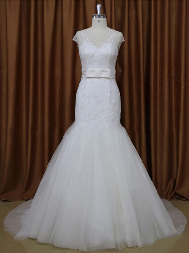White V-neck Tulle Appliques Lace Cap Straps Trumpet/Mermaid Wedding Dresses #PDS00021899