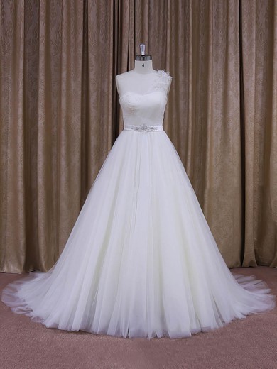 Elegant One Shoulder White Tulle Sashes/Ribbons Ball Gown Wedding Dress #PDS00021956