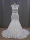 Scoop Neck Ivory Tulle with Appliques Lace Trumpet/Mermaid Cap Straps Wedding Dress #PDS00021962