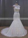 Scoop Neck Ivory Tulle with Appliques Lace Trumpet/Mermaid Cap Straps Wedding Dress #PDS00021962
