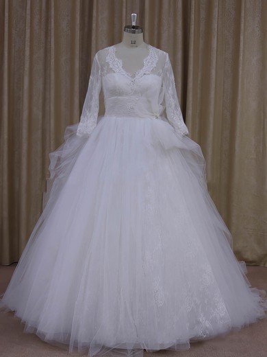 Ivory V-neck Tulle Appliques Lace Long Sleeve Ball Gown Wedding Dress #PDS00021982