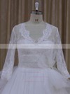 Ivory V-neck Tulle Appliques Lace Long Sleeve Ball Gown Wedding Dress #PDS00021982