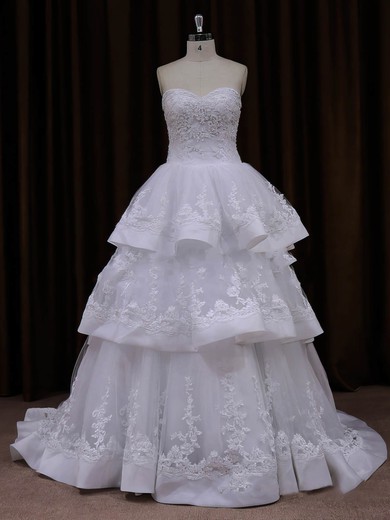Beautiful Princess Tulle Appliques Lace Sweetheart Ivory Wedding Dresses #PDS00021990