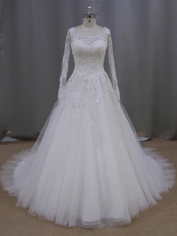 Scoop Neck Ivory Tulle Beading Long Sleeve Appliques Lace Wedding Dress #PDS00021996