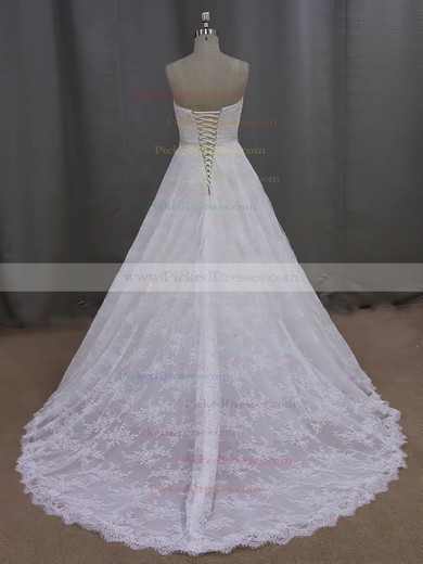 Ivory Strapless Lace Sashes / Ribbons Lace-up Court Train Wedding Dresses #PDS00021997