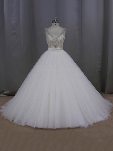 Ball Gown Ivory Tulle Sashes / Ribbons Open Back V-neck Wedding Dress #PDS00021998