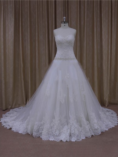 Gorgeous Sweetheart Appliques Lace Court Train White Tulle Wedding Dresses #PDS00022001
