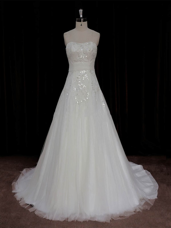 A-line Crystal Detailing Ivory Lace Tulle Court Train Beautiful Wedding Dress #PDS00022006