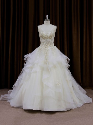 V-neck Ivory Organza Lace-up Appliques Lace Princess Wedding Dresses #PDS00022009