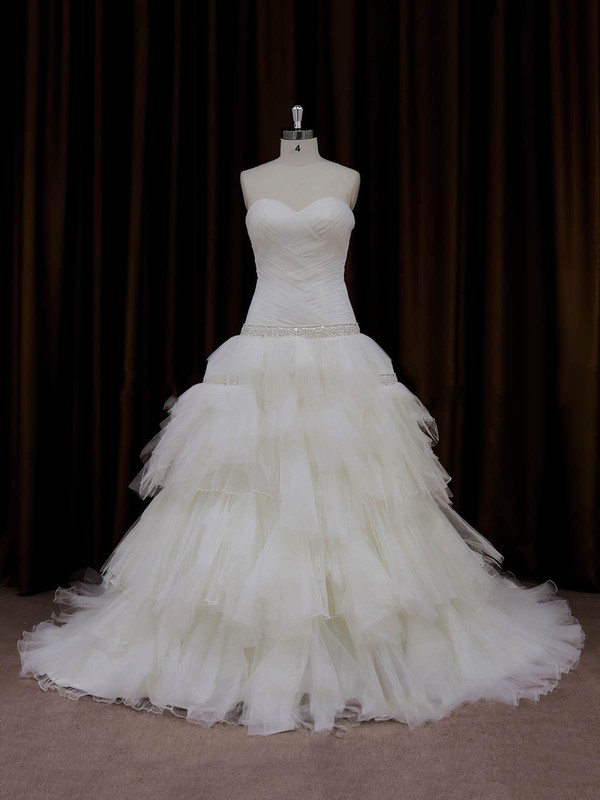 Princess Tulle Tiered Lace-up Chapel Train Ivory Wedding Dresses #PDS00022011