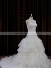 Princess Tulle Tiered Lace-up Chapel Train Ivory Wedding Dresses #PDS00022011