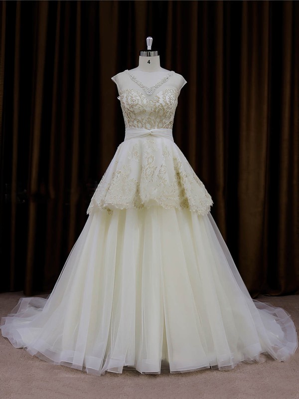 Ivory Tulle Princess Appliques Lace V-neck New Wedding Dresses #PDS00022013